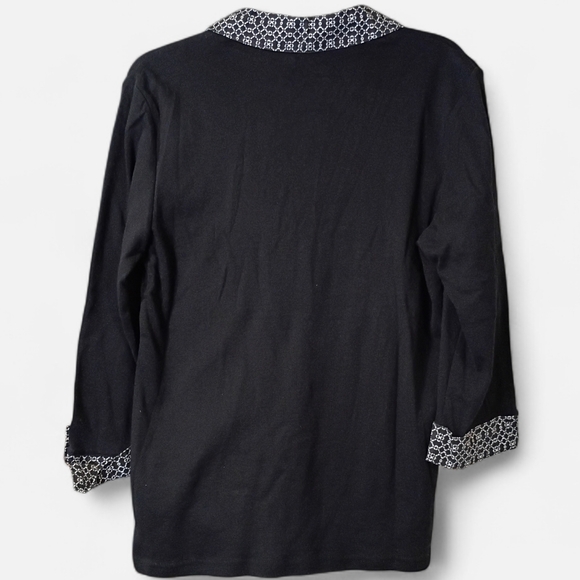 Karen Scott Polo Women L Top Black White Knit 100% Cotton Business Office Chic - Picture 3 of 5